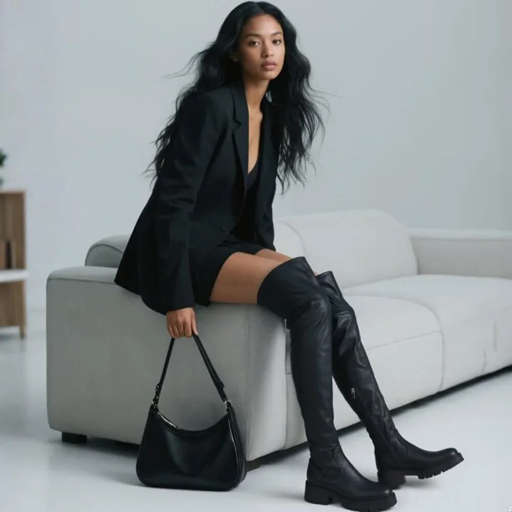 Womens Black-lace Up Polyurethane (PU) Rounded Toe Chunky Heel Thigh High Boots